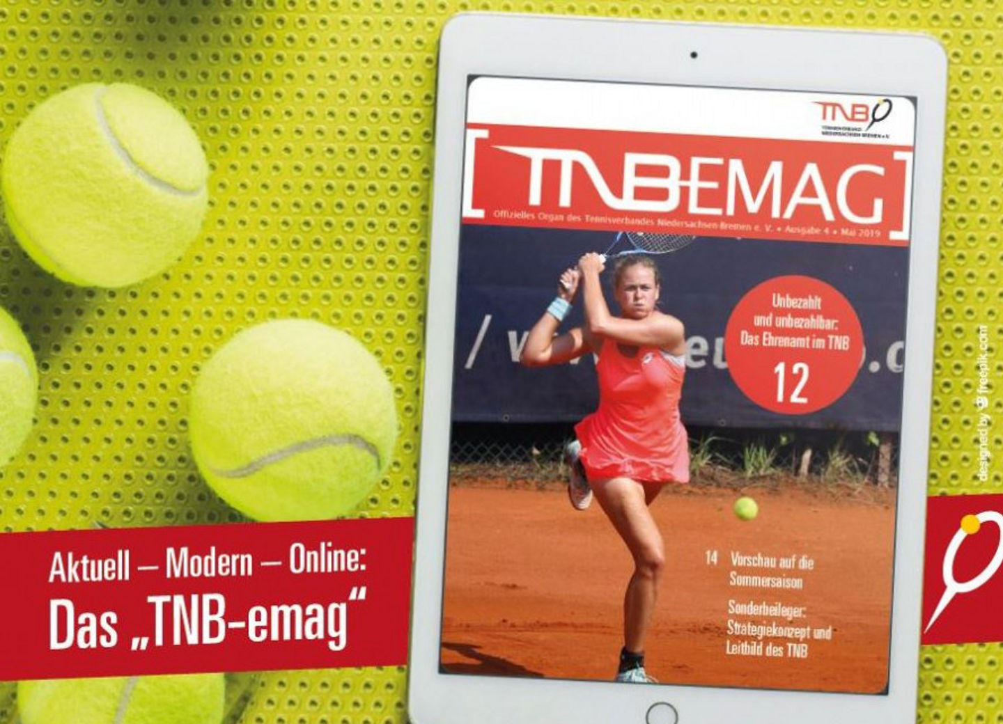 Ein Tablet mit dem Cover des "TNB-emag" und gelben Tennisbällen auf gelbem Hintergrund.