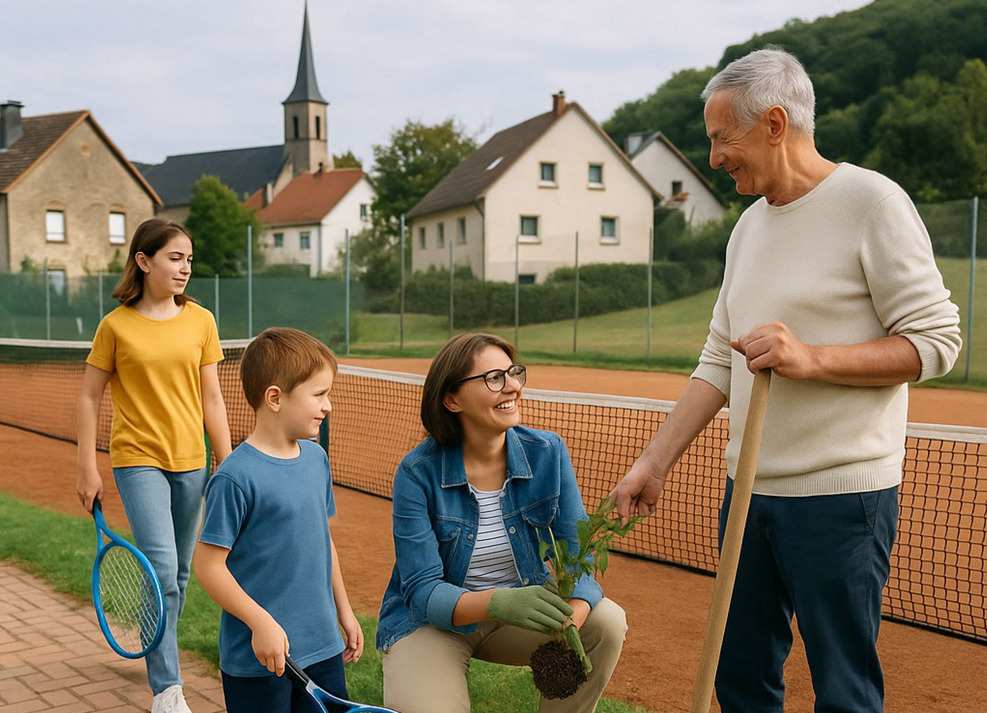 Eltern und Kinder arbeiten auf dem Tennisplatz oder spielen, im Hintergrund ein Dorf