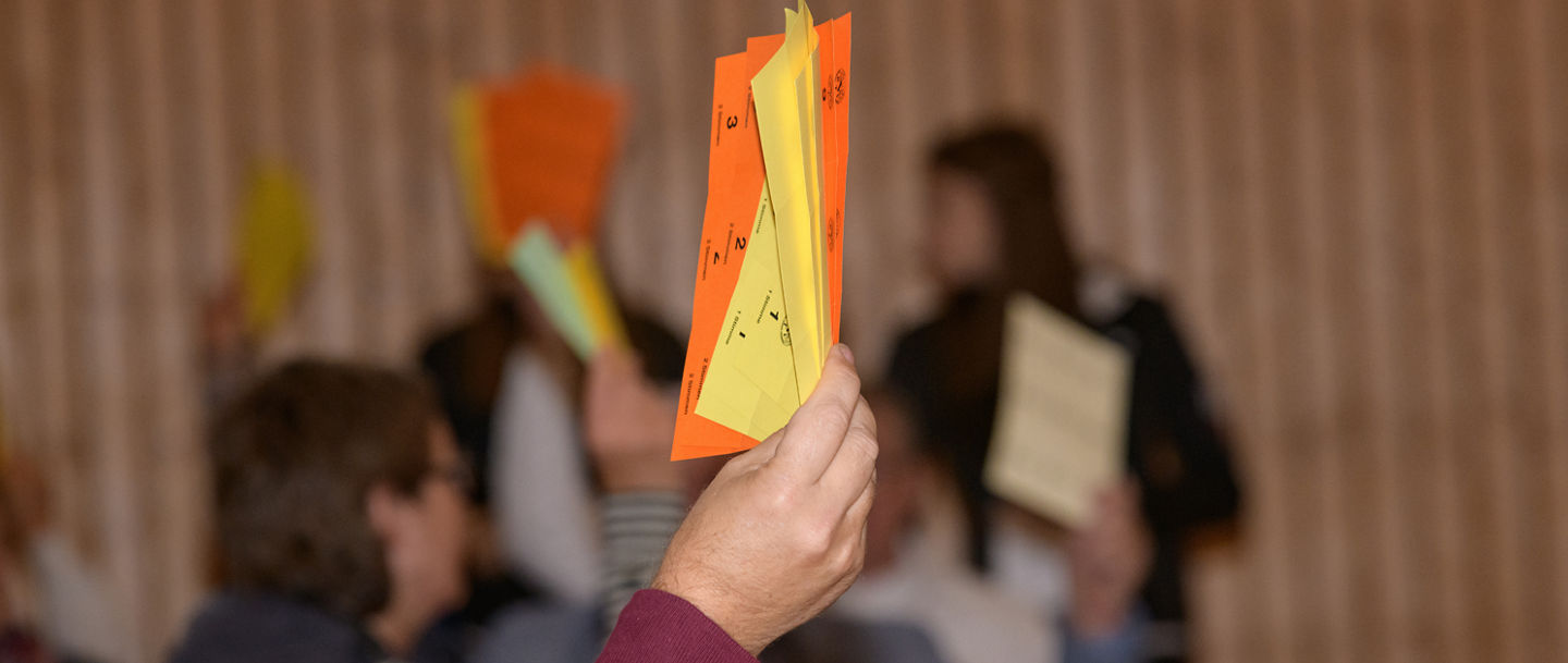 Hand streckt Stimmkarten in die Höhe