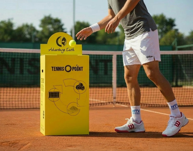 Tennis Player with Yellow Recycling Box