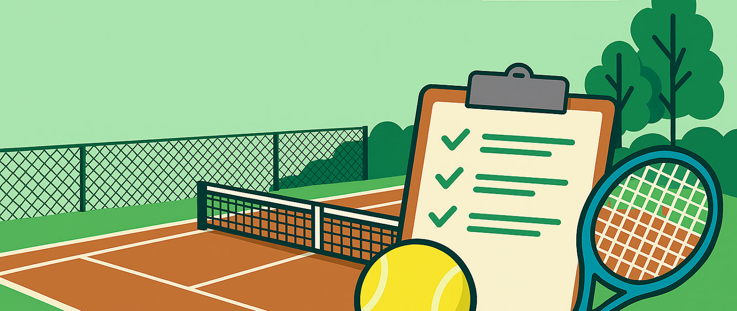 Kreirte Grafik - Tennisplatz im Hintergrund, im Vordergrund ein Tennisschläger mit Ball und eine Ckeckliste