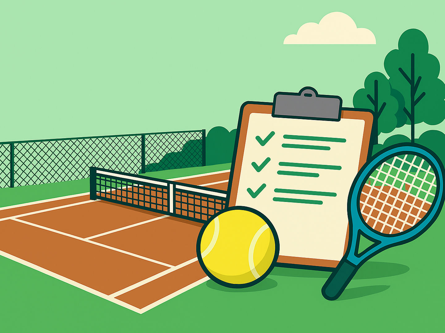 Kreirte Grafik - Tennisplatz im Hintergrund, im Vordergrund ein Tennisschläger mit Ball und eine Ckeckliste