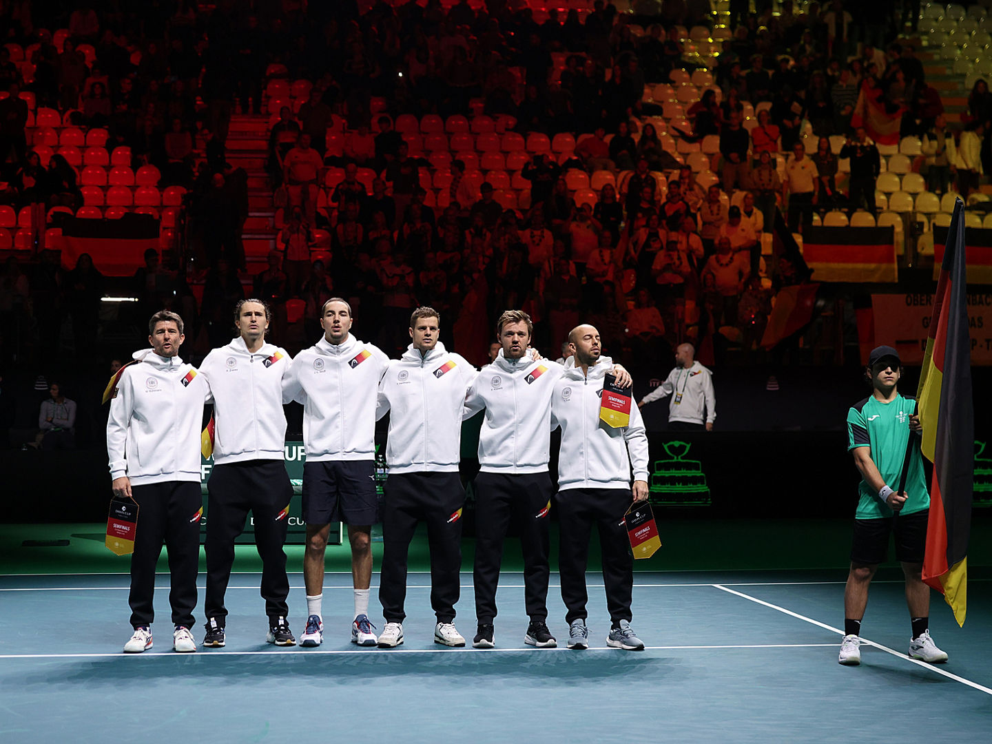 BOLOGNA, ITALY - NOVEMBER 22: Alexander Zverev, Jan-Lennard Struff, Yannick Hanfmann, Kevin Krawietz, Tim Puetz and captain Michael Kohlmann of Germany line up prior to the Davis Cup Semi-Final match between Spain and Germany at BolognaFiere Exhibition Centre on November 22, 2025 in Bologna, Italy. (Photo by Emmanuele Ciancaglini/Getty Images for ITF)