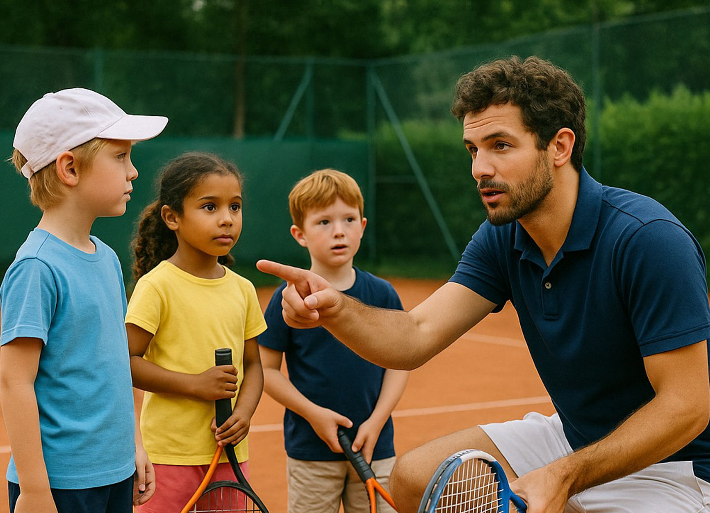 Trainer in der Hocke vor drei Kindern, denen er etwas zeigt