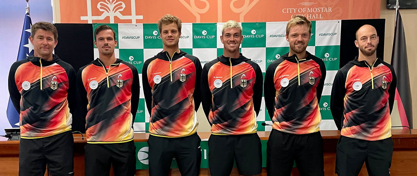 Das deutsche Davis Cup-Team: Michael Kohlmann, Daniel Altmaier, Yannick Hanfmann, Maximilian Marterer, Kevin Krawietz und Tim Pütz (v.l.n.r.)