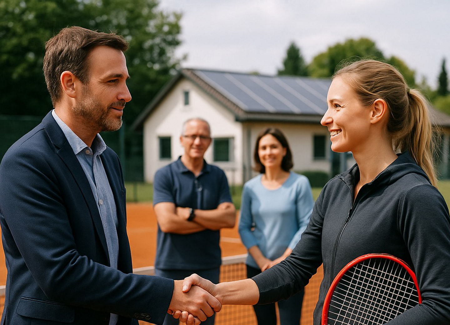Tennisspielerin schüttelt Mann im Anzug die Hand, im Hintergrund ein Tennisplatz mit noch zwei Personen, die zuschauen