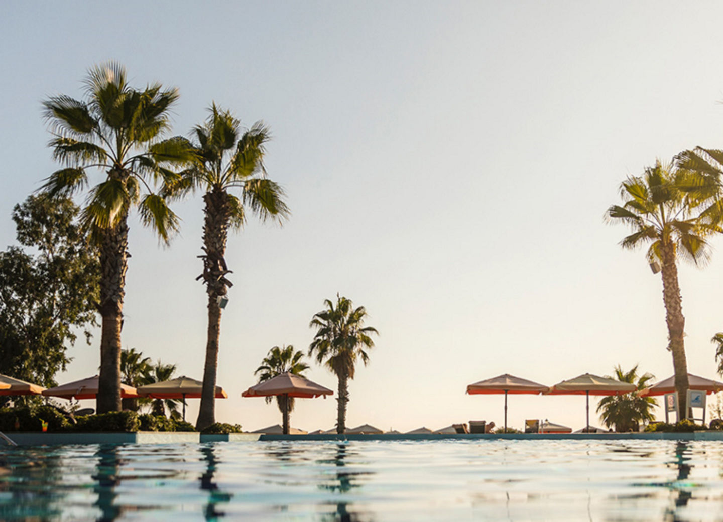 Pool mit Palmen und Sonnenschirmen am Horizont bei Sonnenuntergang