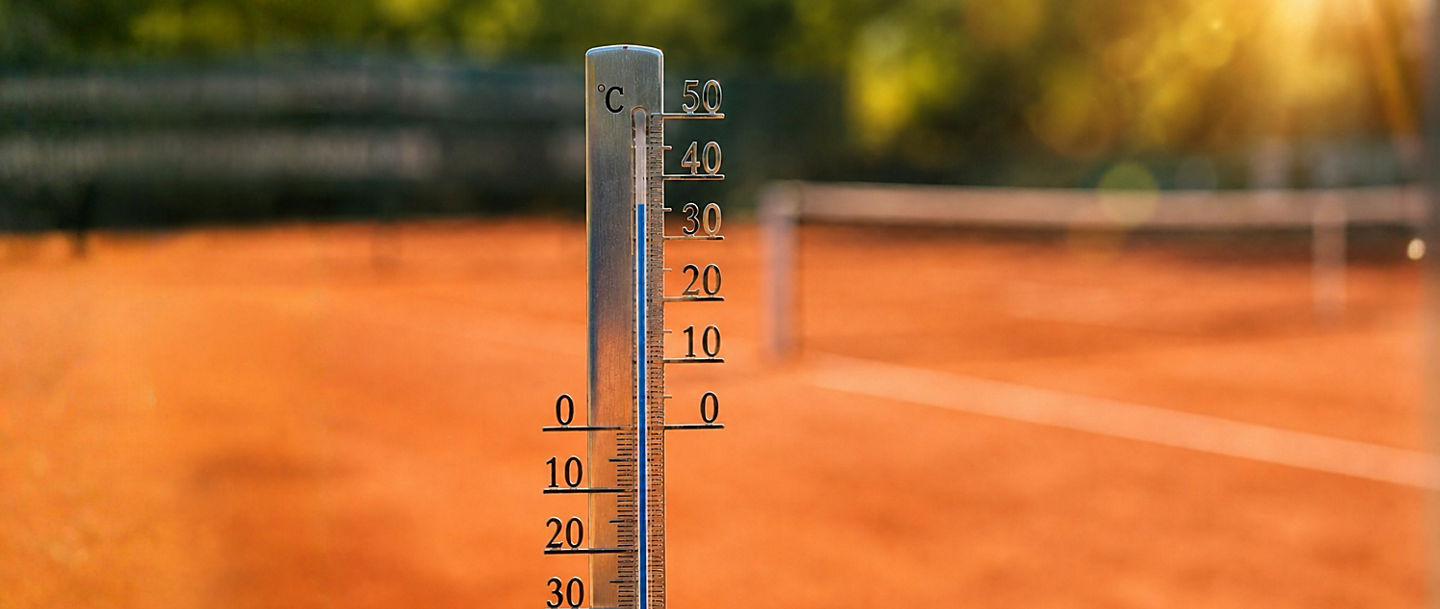 Metall-Thermometer auf einem Tennisplatz