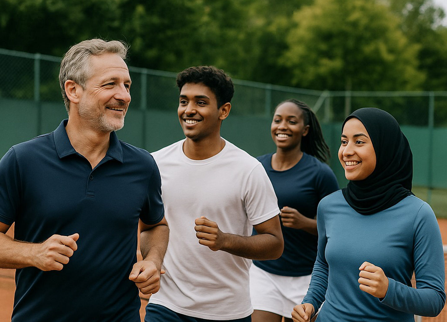 Gruppe von Menschen, einige mit Migrationshintergrund, laufen auf dem Tennisplatz