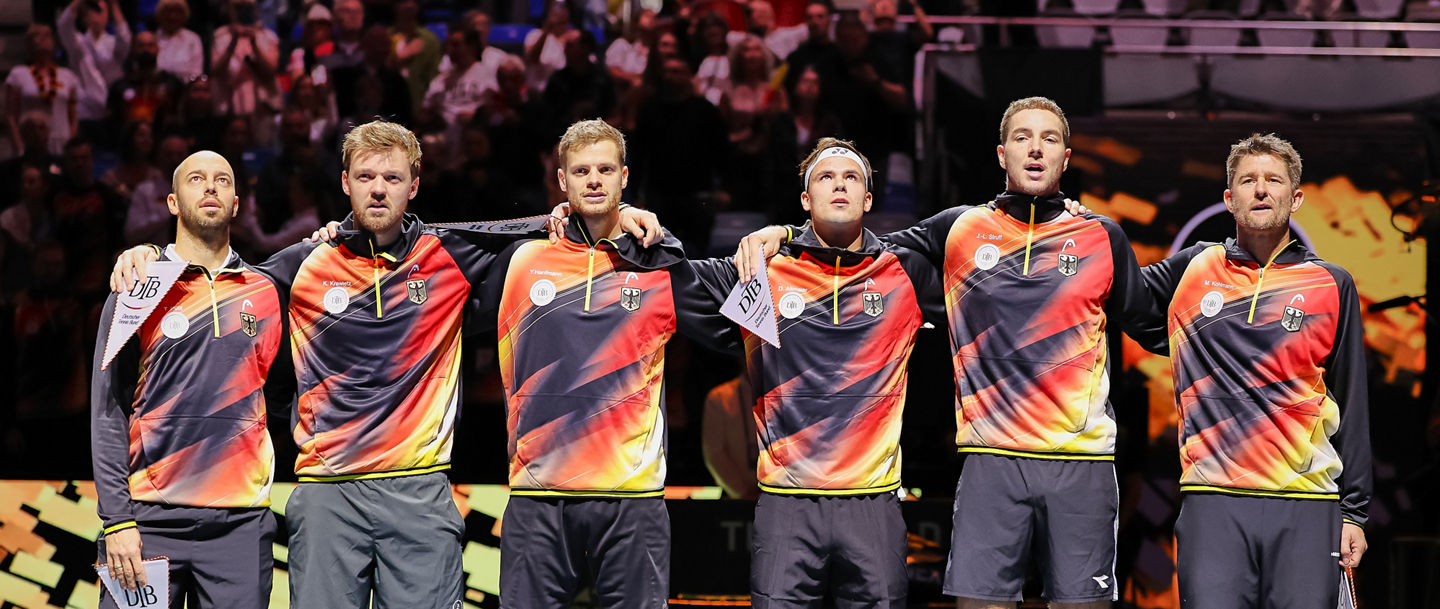 Schon 2024 in gleicher Konstellation: Tim Pütz, Kevin Krawietz, Yannick Hanfmann, Daniel Altmaier, Jan-Lennard Struff und Michael Kohlmann bei den Davis Cup Finals in Málaga