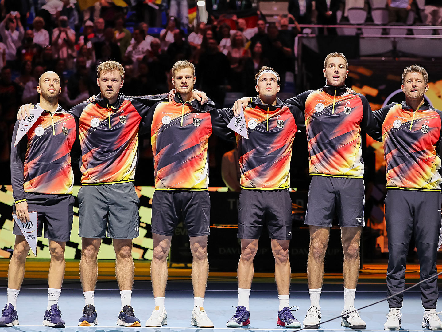 Schon 2024 in gleicher Konstellation: Tim Pütz, Kevin Krawietz, Yannick Hanfmann, Daniel Altmaier, Jan-Lennard Struff und Michael Kohlmann bei den Davis Cup Finals in Málaga