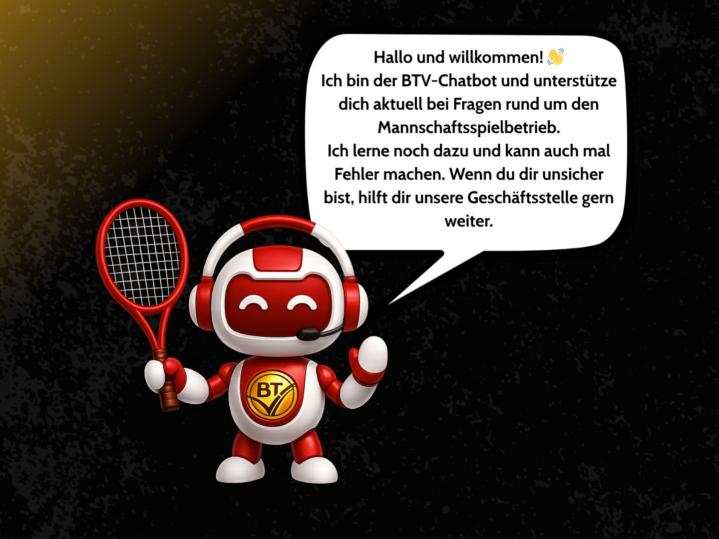 Chatbot mit Sprechblase und Text auf schwar-gelbem Hintergrund