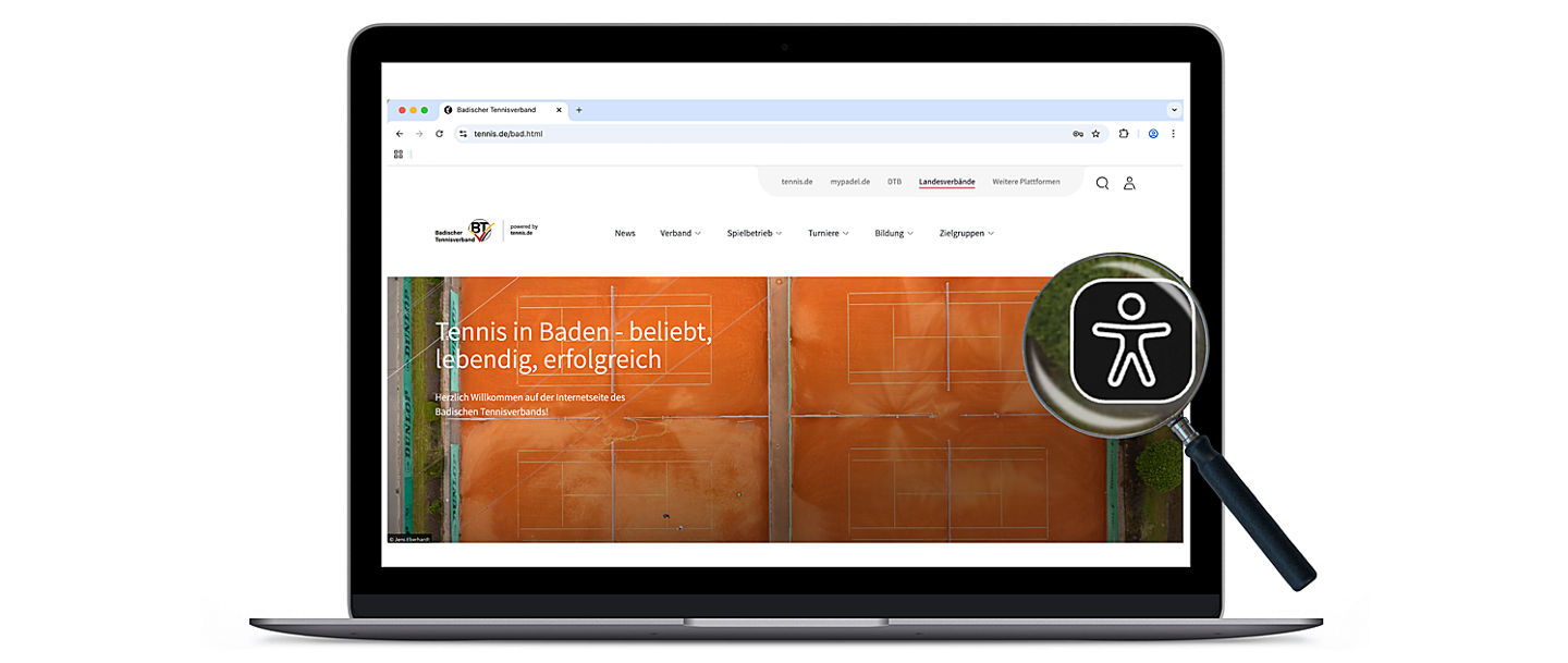 ein Laptop mit der Seite des BTV und eine Lupe mit dem Zeichen der digitalen Barrierefreiheit