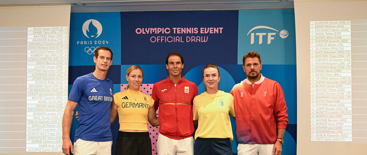 Paris 2024 Olympics, Olympic Tennis Event, Sir Andy Murray (GBR) , Angelique Kerber (GER) , Rafael Nadal (ESP) , Elina Svitolina (UKR) and Stan Wawrinka (SUI) pose for a group picture at the official draw. (Photo: Paul Zimmer)