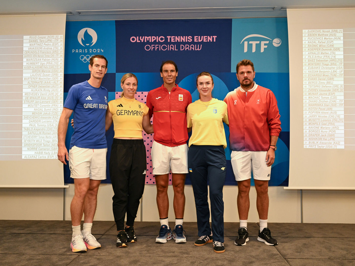 Paris 2024 Olympics, Olympic Tennis Event, Sir Andy Murray (GBR) , Angelique Kerber (GER) , Rafael Nadal (ESP) , Elina Svitolina (UKR) and Stan Wawrinka (SUI) pose for a group picture at the official draw. (Photo: Paul Zimmer)
