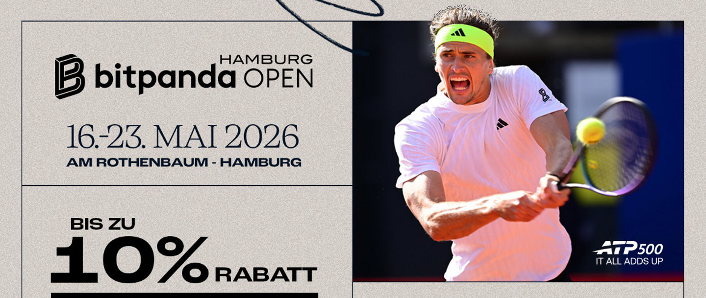 Grafik mit Alexander Zverev zur Bewerbung der ATP Hamburg Open mit dem Schriftzug 10%-Rabatt und dem Rabattcode SL-QQQIX7