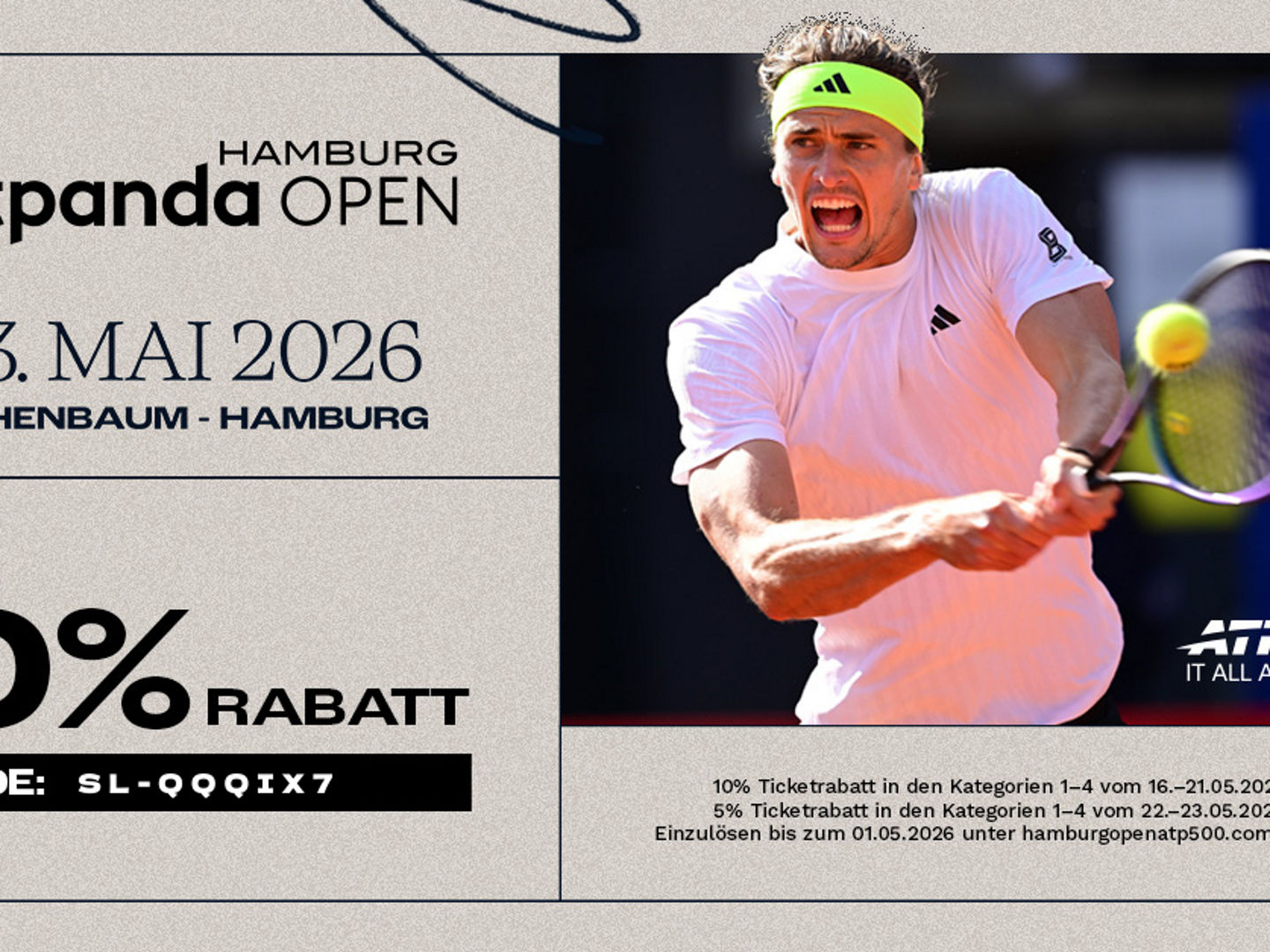 Grafik mit Alexander Zverev zur Bewerbung der ATP Hamburg Open mit dem Schriftzug 10%-Rabatt und dem Rabattcode SL-QQQIX7