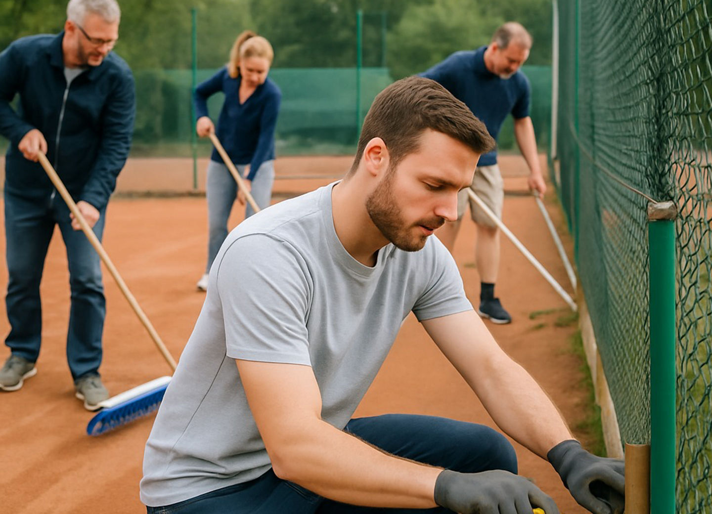 Verschiedene Leute arbeiten am Tennisplatz, einer schraubt, einer kehrt, einer sammelt Müll