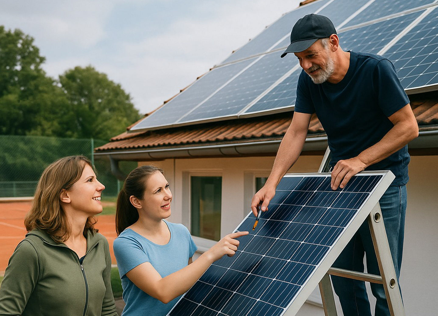 3 Menschen arbeiten an der Photovoltaikanlage eines Tennisplatzes