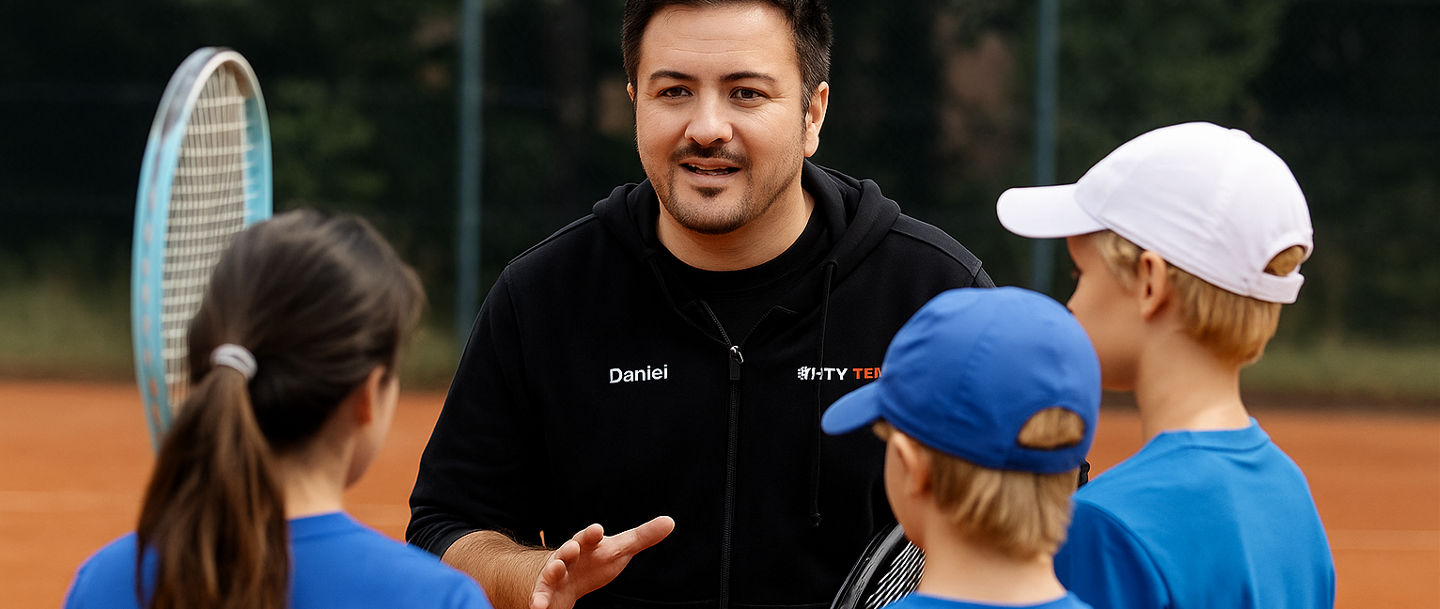 Tennis coach instructing young players outdoors