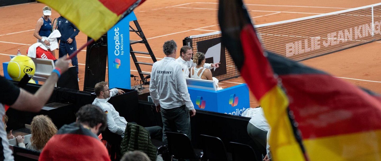 German fans supporting team Germany and Tatjana Maria (GER) on court in her match against Katie Boulter (GBR) in the tie between Great Britain and Germany at the BJK Cup in The Hague.