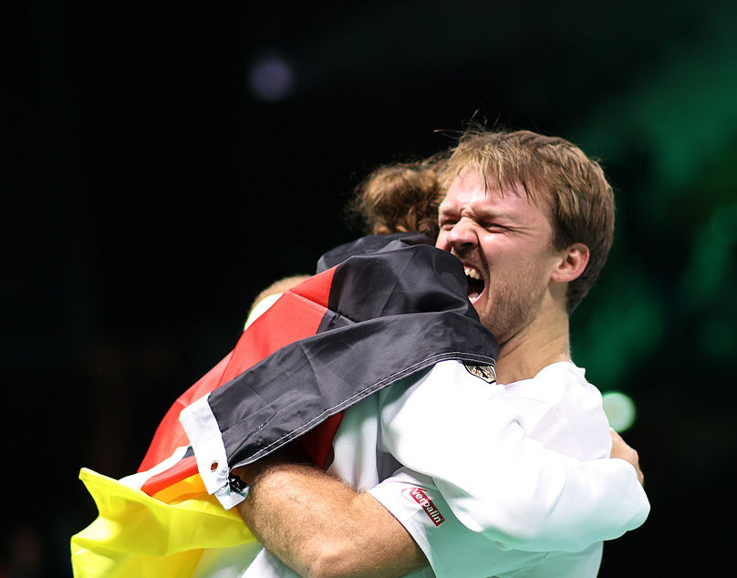 BOLOGNA, ITALY - NOVEMBER 20: Kevin Krawietz of Germany celebrates with teammate Alexander Zverev after victory in the Davis Cup Quarter-Final match between Argentina and Germany at BolognaFiere Exhibition Centre on November 20, 2025 in Bologna, Italy. (Photo by Emmanuele Ciancaglini/Getty Images for ITF)