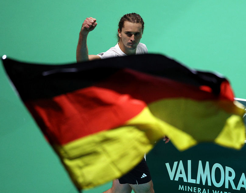 BOLOGNA, ITALY - NOVEMBER 22: Alexander Zverev of Germany celebrates after beating Jaume Munar of Spain during the Davis Cup Semi-Final match between Spain and Germany at BolognaFiere Exhibition Centre on November 22, 2025 in Bologna, Italy. (Photo by Emmanuele Ciancaglini/Getty Images for ITF)