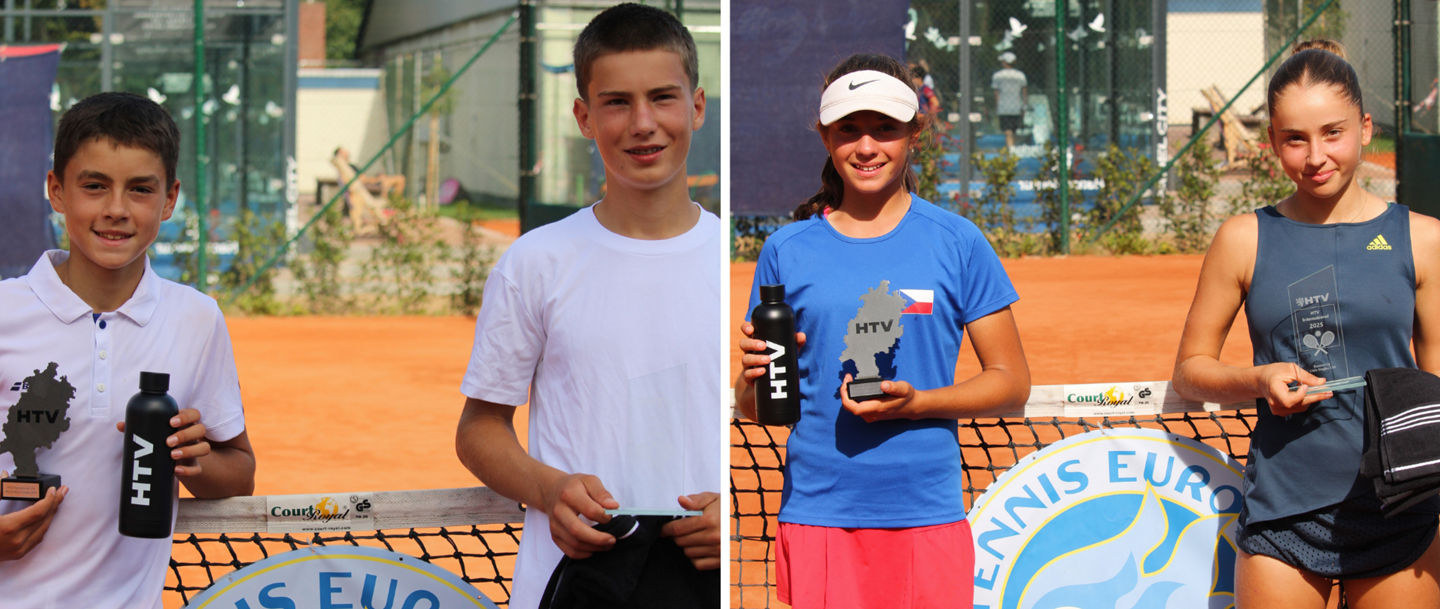 Tennis players holding awards on clay court