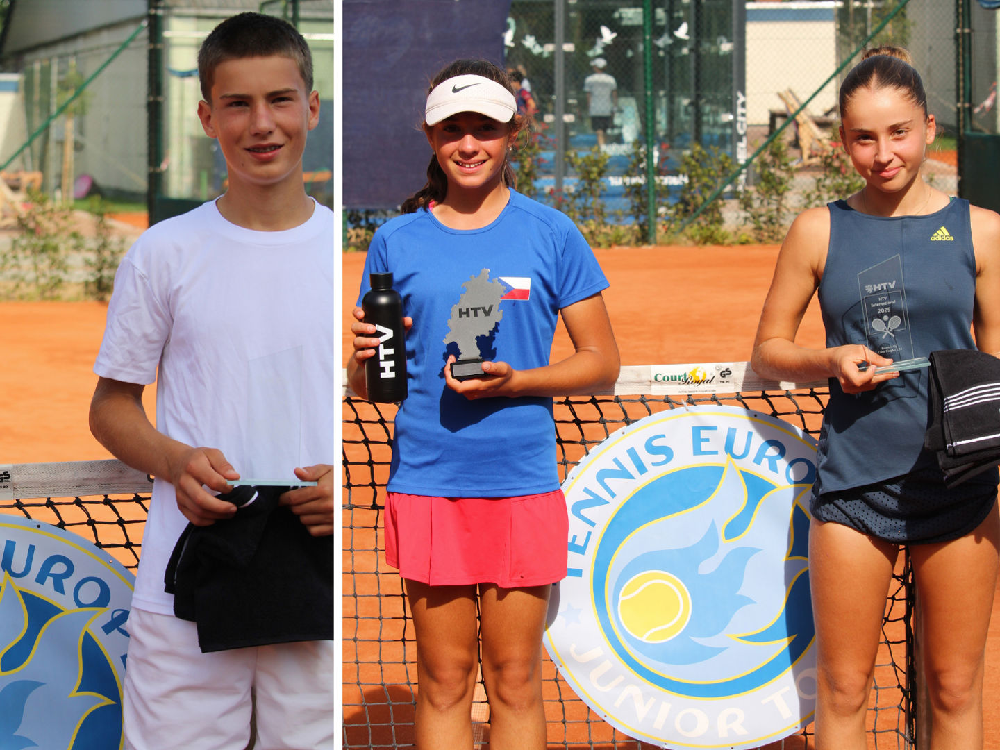 Tennis players holding awards on clay court