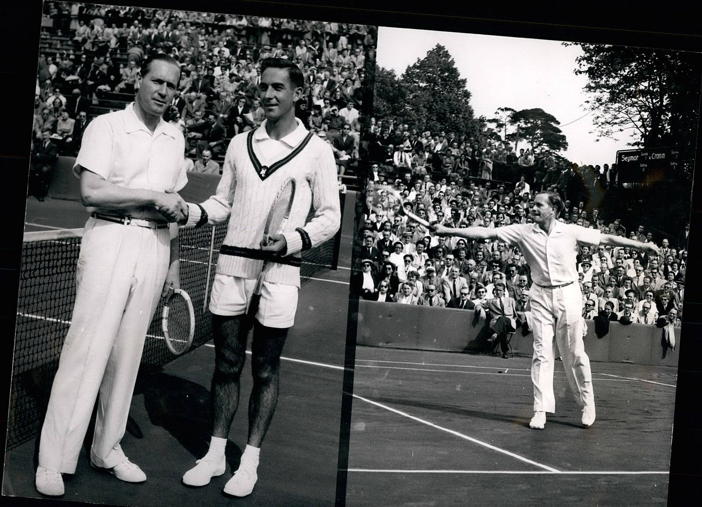 1958 - Davis Cup South Africa versus Germany: The present Davis Cup Elimination bouts are taking place on the unique playing-grounds of the Berlin Tennis Club Grounds Rot-Weies . The result of the bouts will decide whether or not South Africa or Germany will take place in the final bouts.The Opening bout marked a pretty good success for German player Gottfried von Cramm who beat Russell Seymour (South Africa) 6:1; 6:2; 7 and 1:0. Photo shows (Left): Russelll Seymour (in shorts), South Africa, seen with Gottfried von Cramm (Germany), on the playing grounds of the Rot-Weisa - stadium, in Berlin, yesterday. Paris France PUBLICATIONxINxGERxSUIxAUTxONLY - ZUMAk09_



1958 Davis Cup South Africa versus Germany The Present Davis Cup Elimination Bouts are Taking Place ON The Unique Playing grounds of The Berlin Tennis Club grounds Red  The Result of The Bouts will decide whether or Not South Africa or Germany will Take Place in The Final Bouts The Opening BOUT marked a Pretty Good Success for German Player Gottfried from CRAMM Who Beat Russell Seymour South Africa 6 1 6 2 7 and 1 0 Photo Shows left  Seymour in Shorts South Africa Lakes With Gottfried from CRAMM Germany ON The Playing grounds of The Red  Stage in Berlin YESTERDAY Paris France PUBLICATIONxINxGERxSUIxAUTxONLY ZUMAk09_