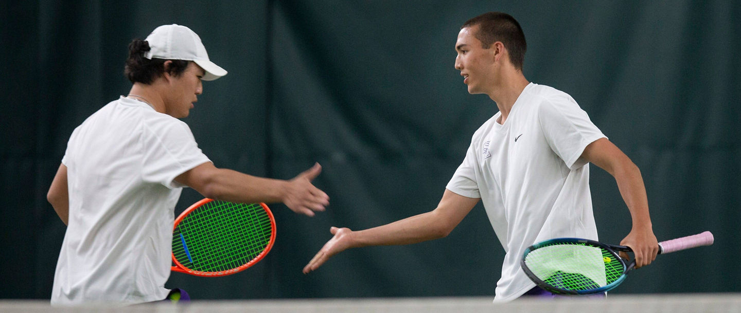 Syndication: The Register Guard South Eugene s doubles teammates Jalen Wang, left, and Ryman Yang celebrate a point during their match against Sheldon in the 6A-7 Southwest District Boys Tennis Championship at Eugene Swim and Tennis Club in Eugene. , EDITORIAL USE ONLY PUBLICATIONxINxGERxSUIxAUTxONLY Copyright: xChrisxPietsch/ThexRegister-Guardx 20644674