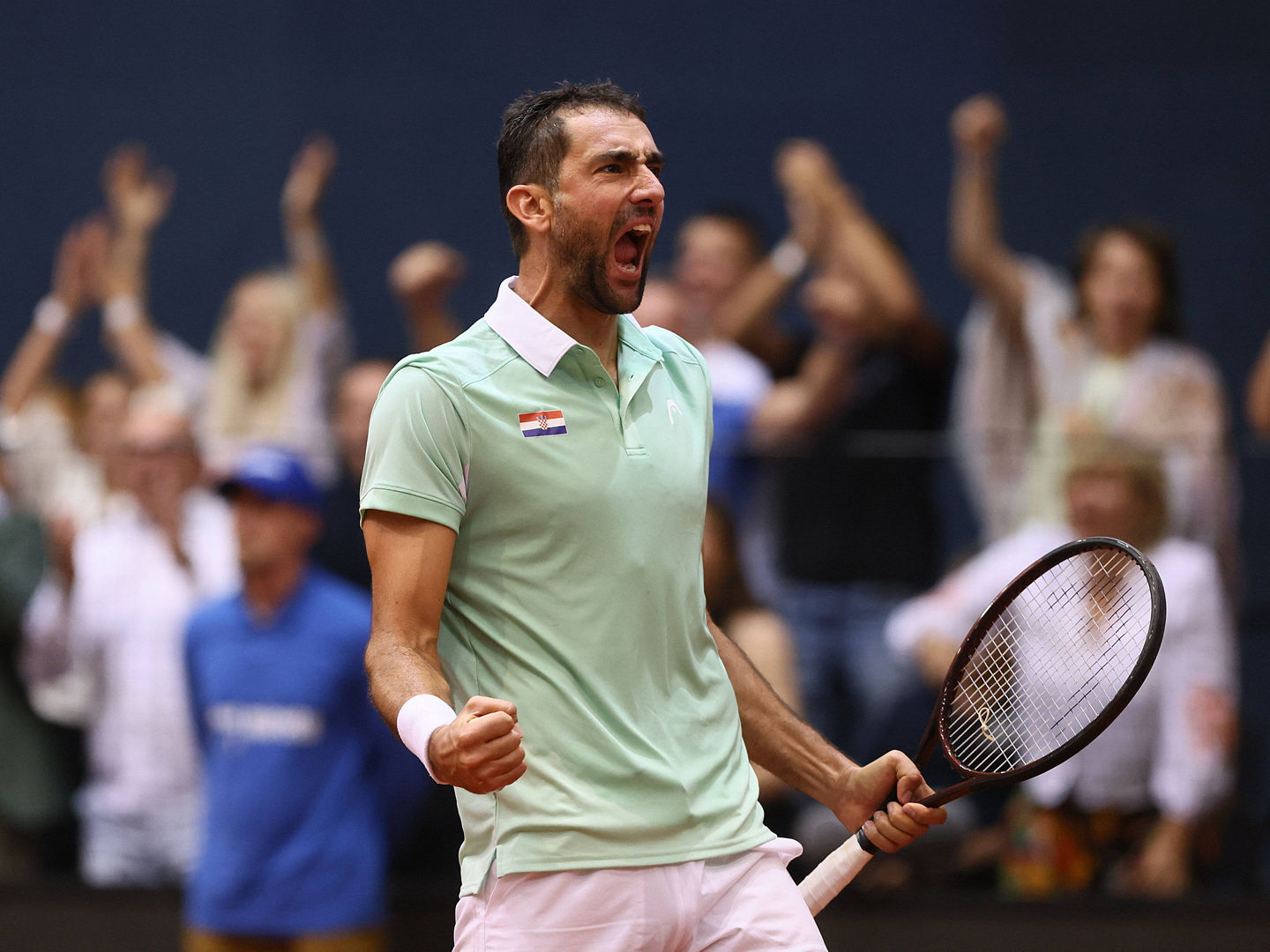 Croatia, Osijek, 130925. n Cilic Mari- Corentin Moutet, match of the second day of the Davis Cup match between the tennis teams of Croatia and France in the second round of the Qualifier phase. Photo: Marin Franov / CROPIX Copyright: xxMarinxFranovx/xCROPIXx cilic_moutet11-130925