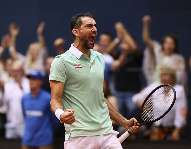 Croatia, Osijek, 130925. n Cilic Mari- Corentin Moutet, match of the second day of the Davis Cup match between the tennis teams of Croatia and France in the second round of the Qualifier phase. Photo: Marin Franov / CROPIX Copyright: xxMarinxFranovx/xCROPIXx cilic_moutet11-130925
