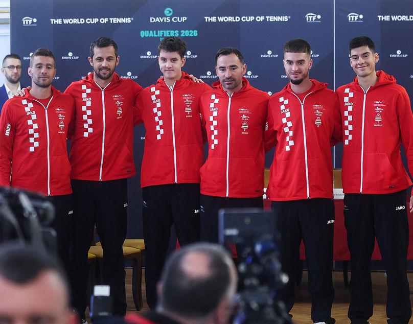 PXL_Davis Cup draw Nikola Mektic, Mate Pavic, Matej Dodig, Ivan Dodig and Dino Prizmic of Croatia tennis team during the official drawing pairs for Davis Cup 2026 Round 1 Qualifiers match between Croatia and Denmark in Varazdin, Croatia on February 5, 2026. PUBLICATIONxNOTxINxFRAxCROxBIHxSRBxMNExSLO SlavkoxMidzor/PIXSELL