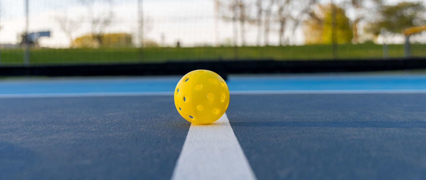 A yellow pickleball on a court line with a net and trees in the background.