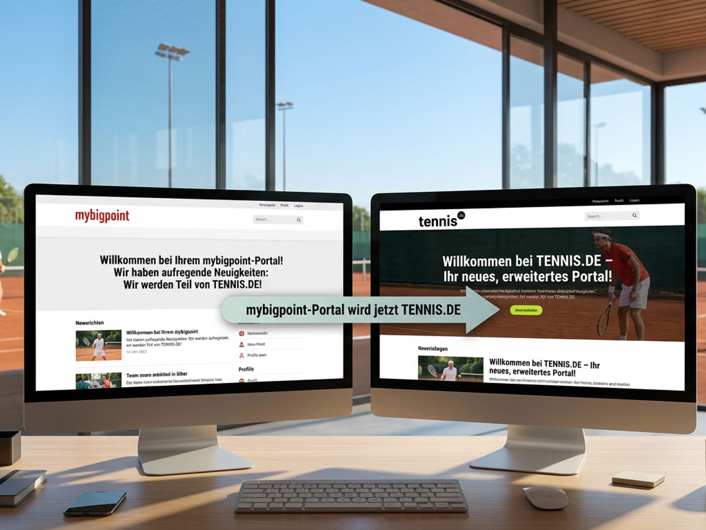 Dual computer monitors display tennis portal updates