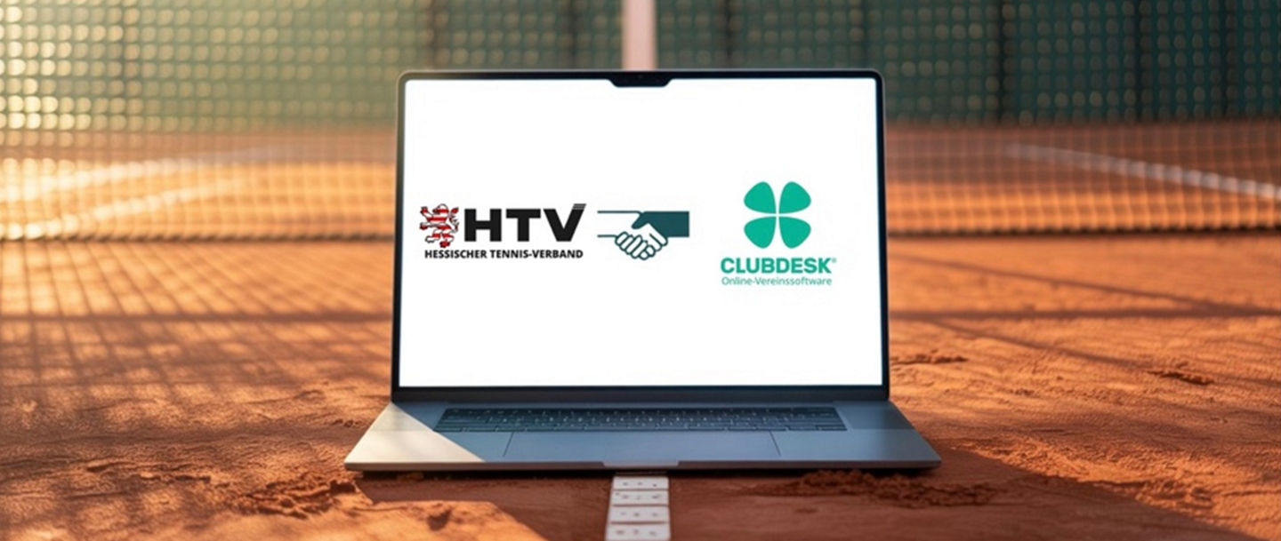 Laptop on Tennis Court with ClubDesk & HTV Logos