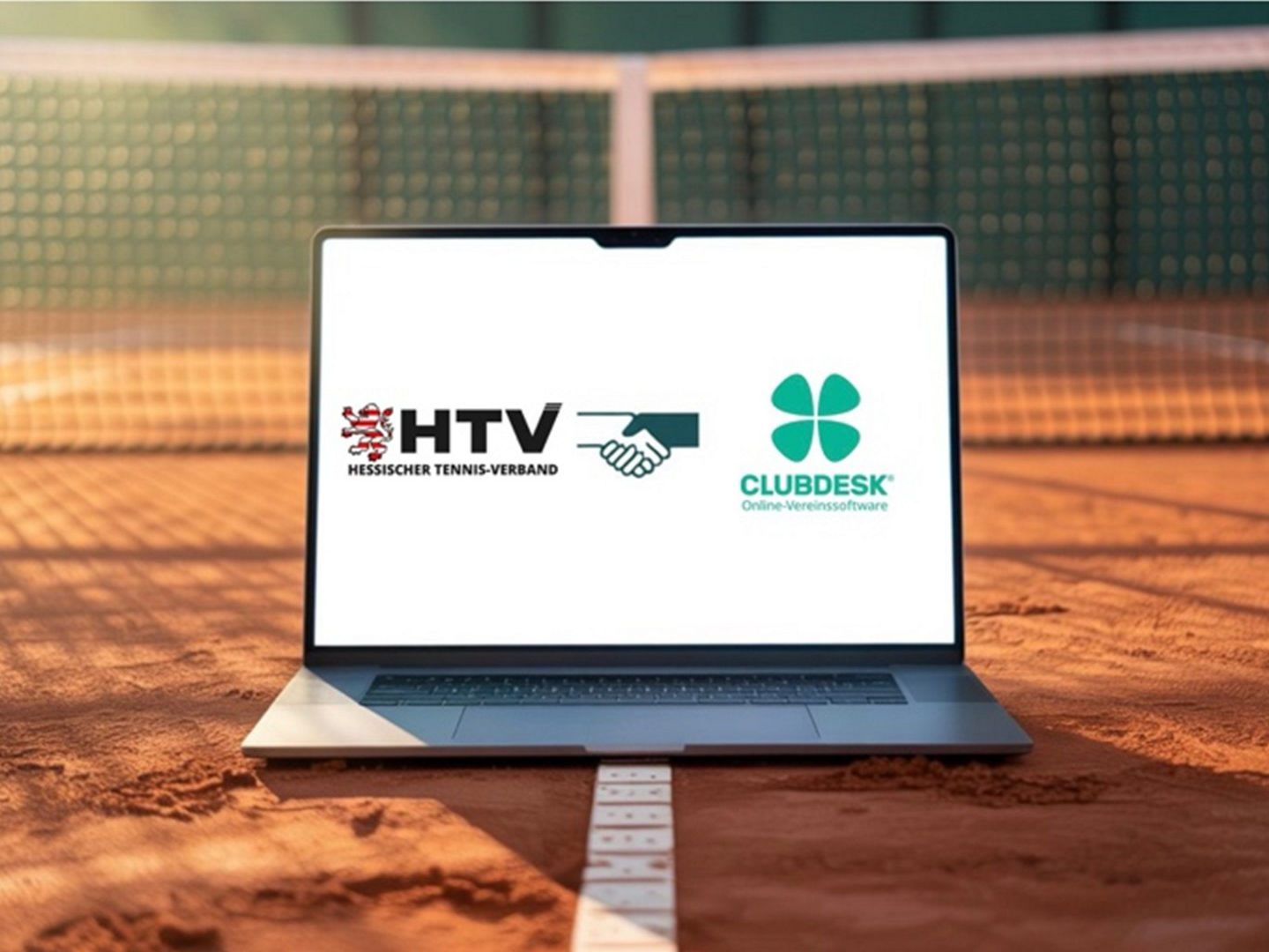 Laptop on Tennis Court with ClubDesk & HTV Logos