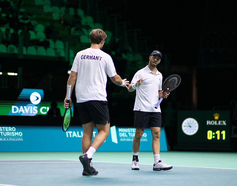BOLOGNA, ITALY - NOVEMBER 20: Kevin Krawietz and Tim Puetz of Germany react against Andres Molteni and Horacio Zeballos of Argentina during the Davis Cup Quarter-Final match between Argentina and Germany at BolognaFiere Exhibition Centre on November 20, 2025 in Bologna, Italy. (Photo by Emmanuele Ciancaglini/Getty Images for ITF)