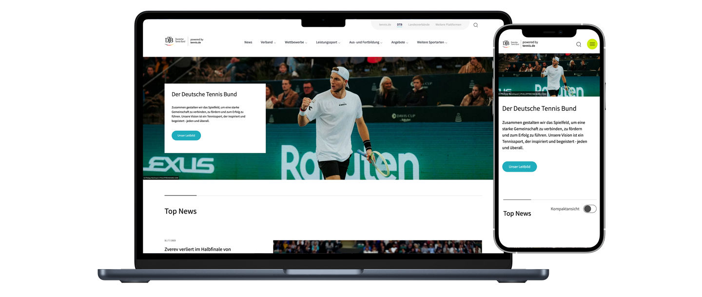 Mockup der neuen Verbandswebseite des DTB auf dem Laptop und dem Handy. 