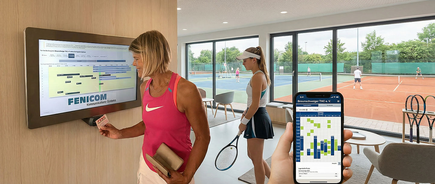 Tennis club check-in with digital schedule display
