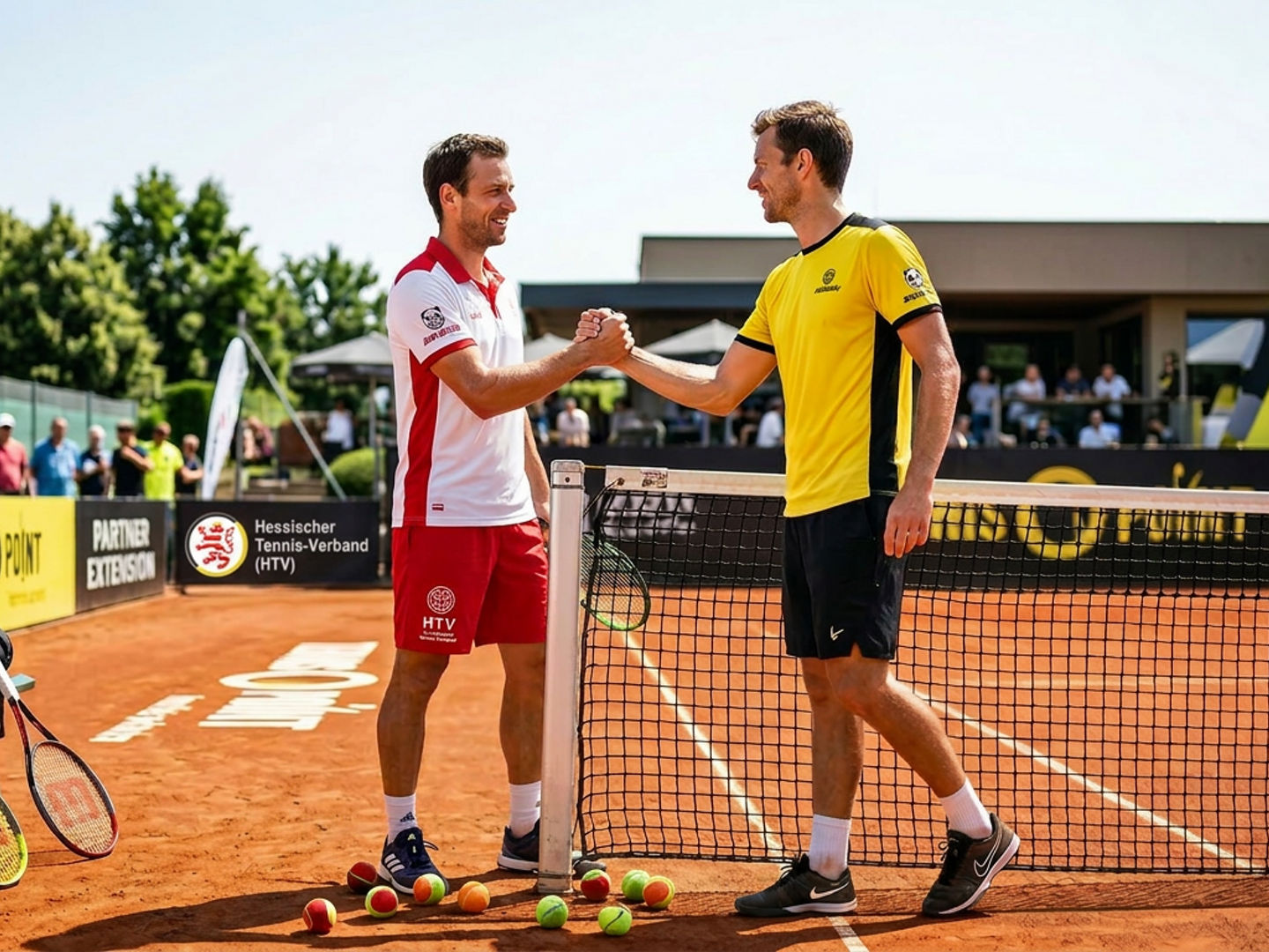Tennis players shake hands at clay court match