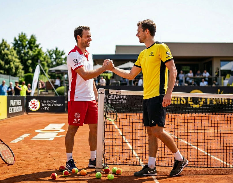 Tennis players shake hands at clay court match