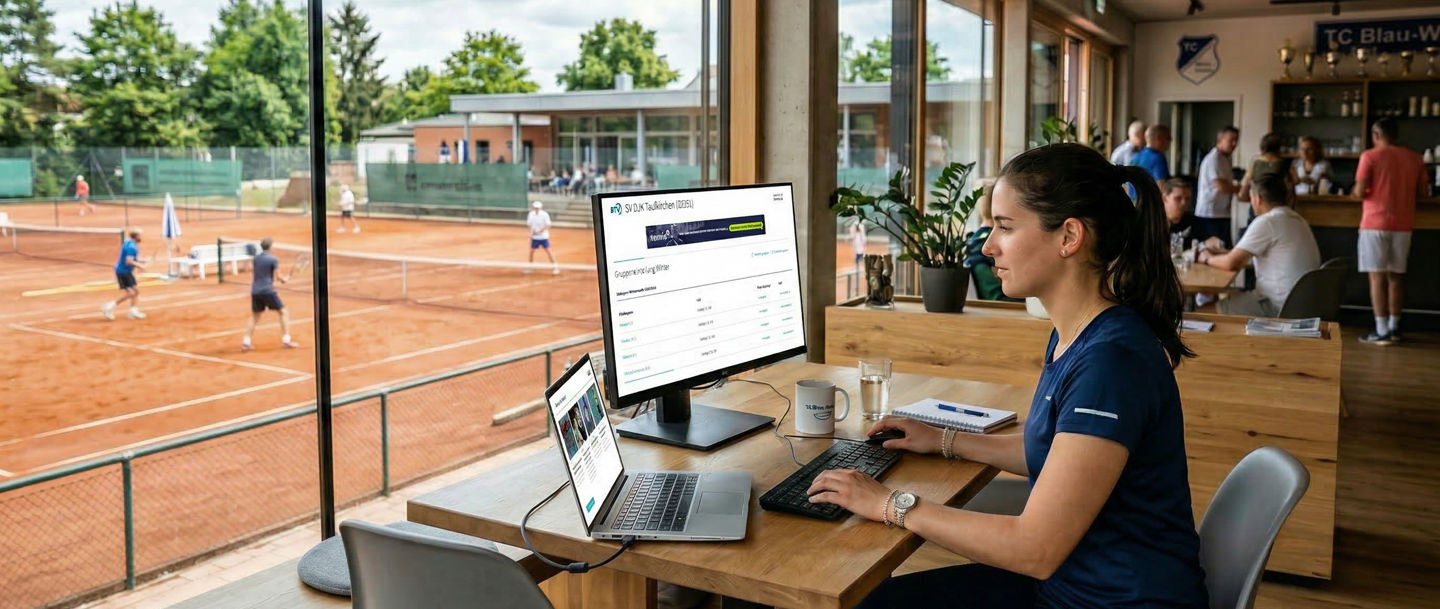 Woman working on computer overlooking tennis courts