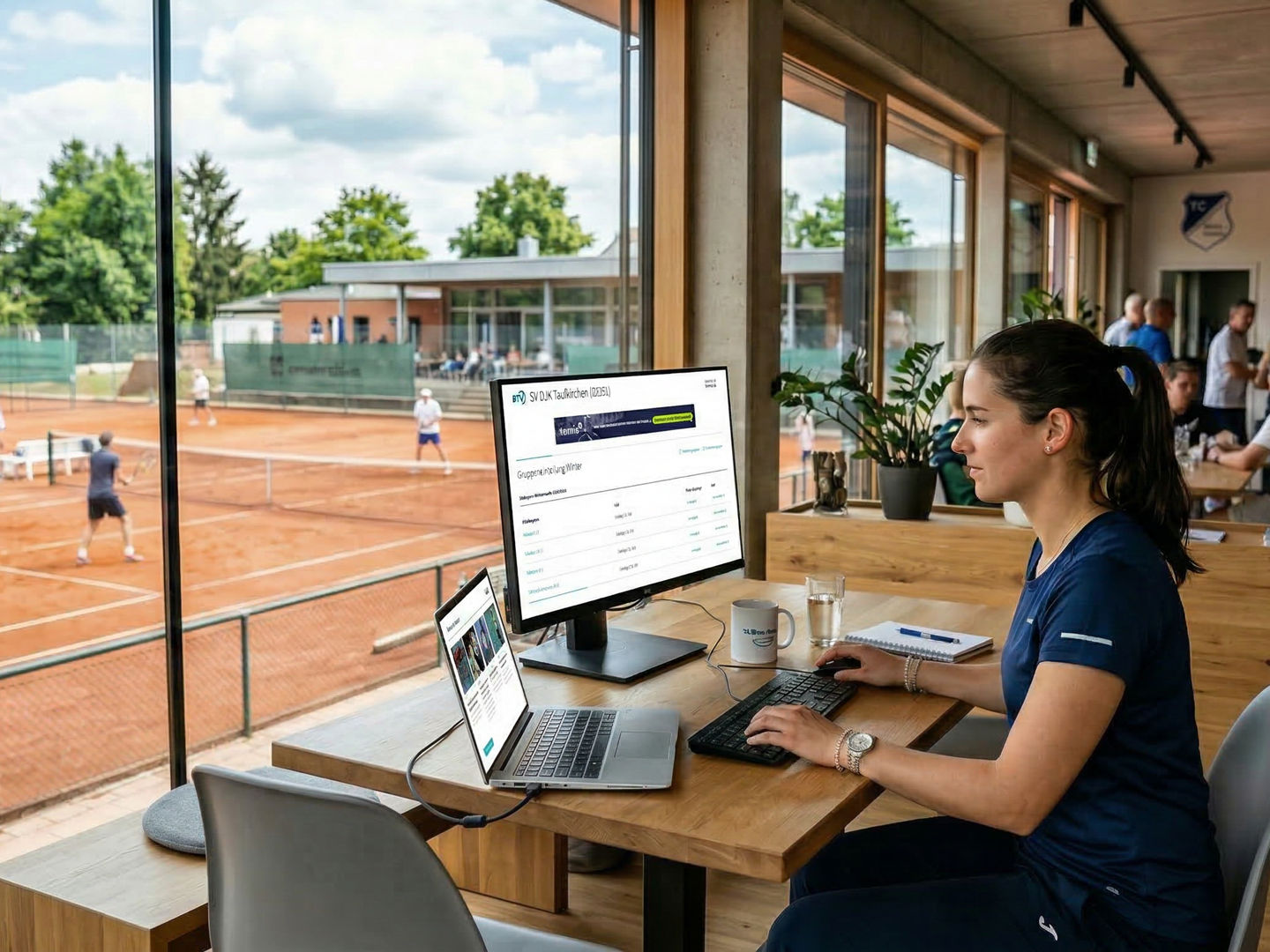 Woman working on computer overlooking tennis courts