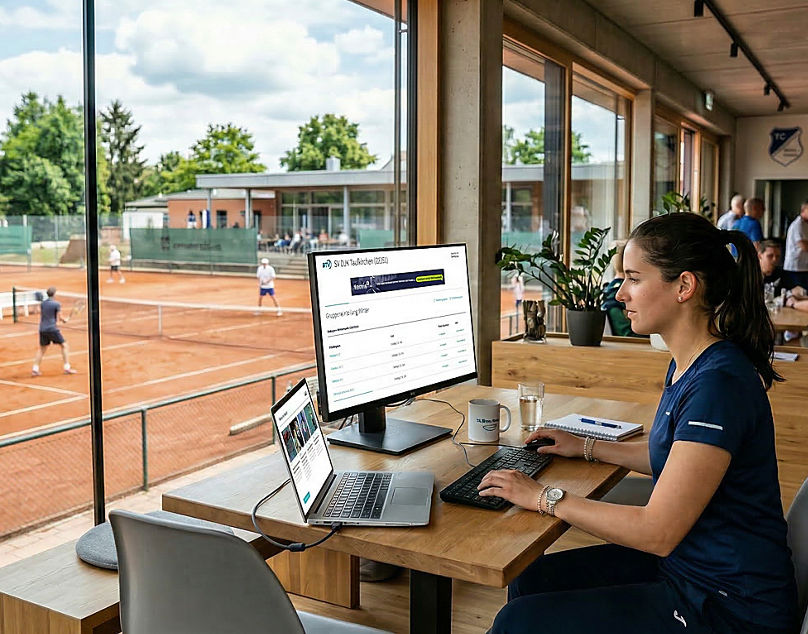 Woman working on computer overlooking tennis courts